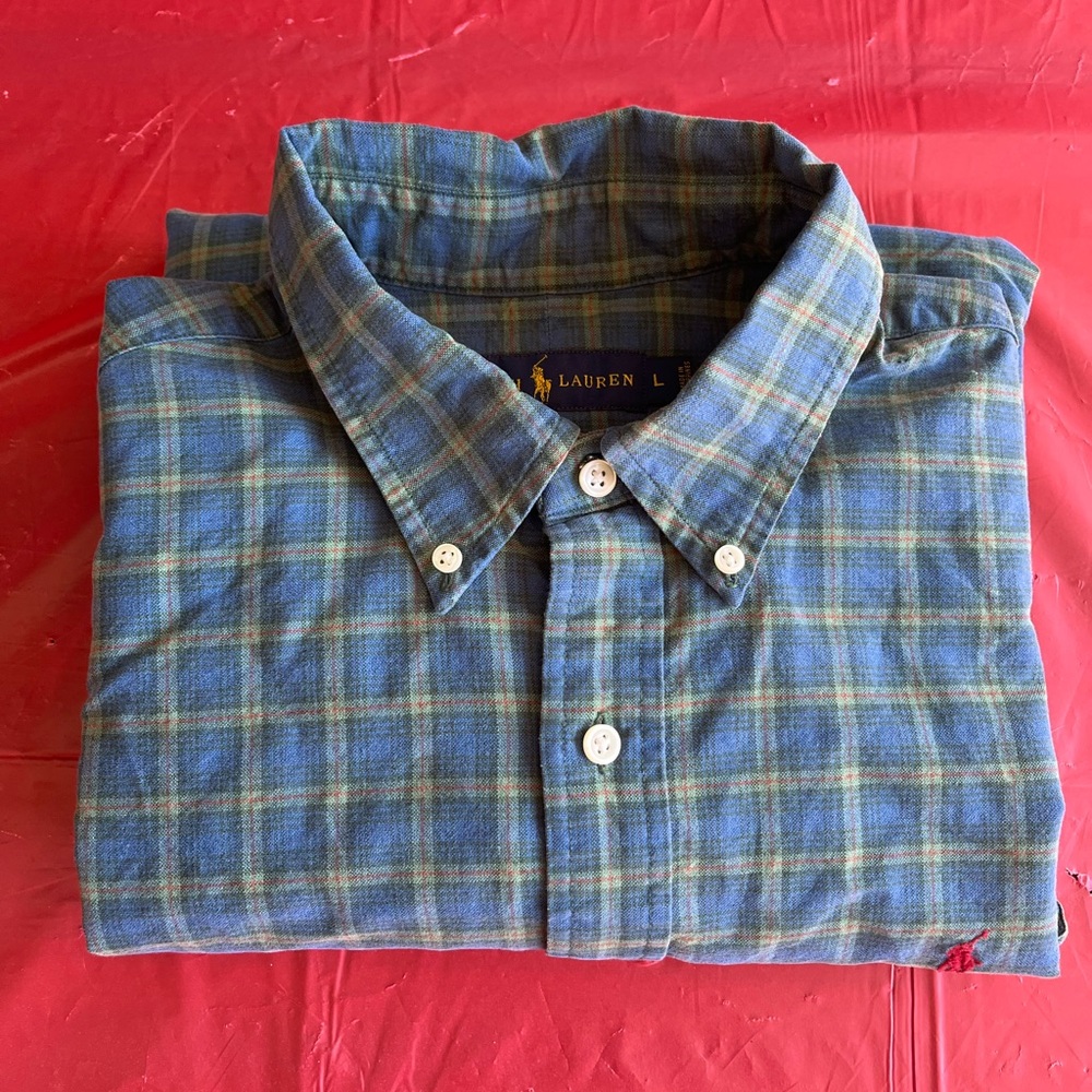 Ralph Lauren Mens Large Plaid Button Down Shirt Blue Green